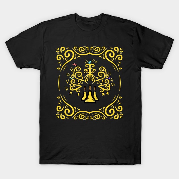 Three Handbells Tree Of Music Golden Swirl Art Nouveau Pattern T-Shirt by SubtleSplit